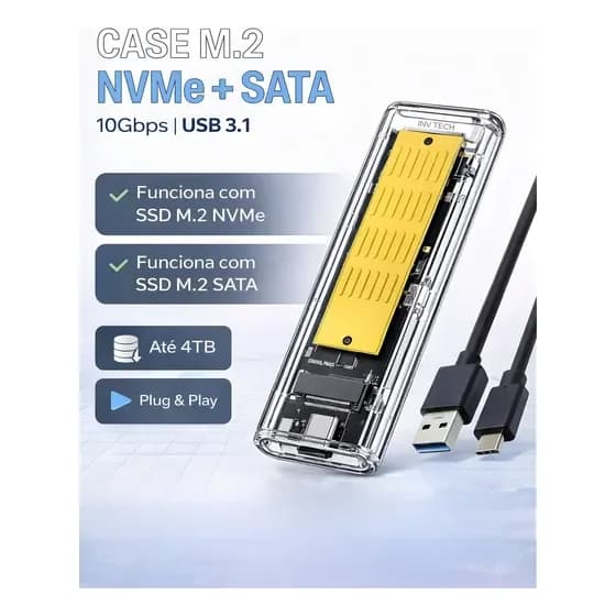 Case ssd M2 Nvme e Sata Ngff Adaptador Hd Externo M.2 Usb 3.1 Tipo C 10Gb Transparente - Inv Tech por R$ 59,29 na Mercado Livre